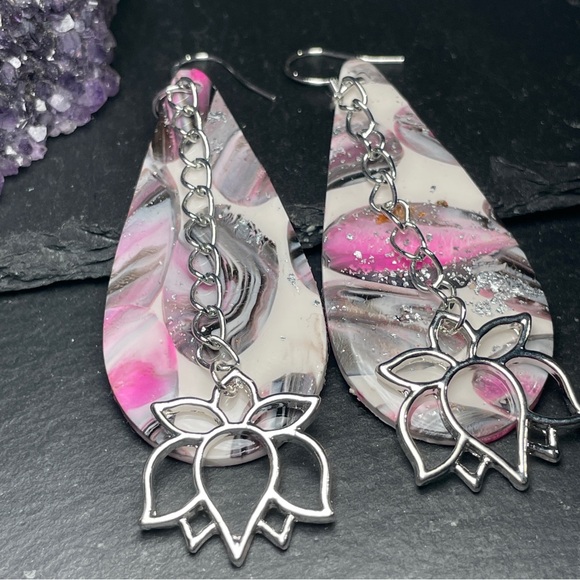 Elegant Pink, Gray and Silver Artisan Lotus Flower Dangle Earrings - Picture 7 of 12